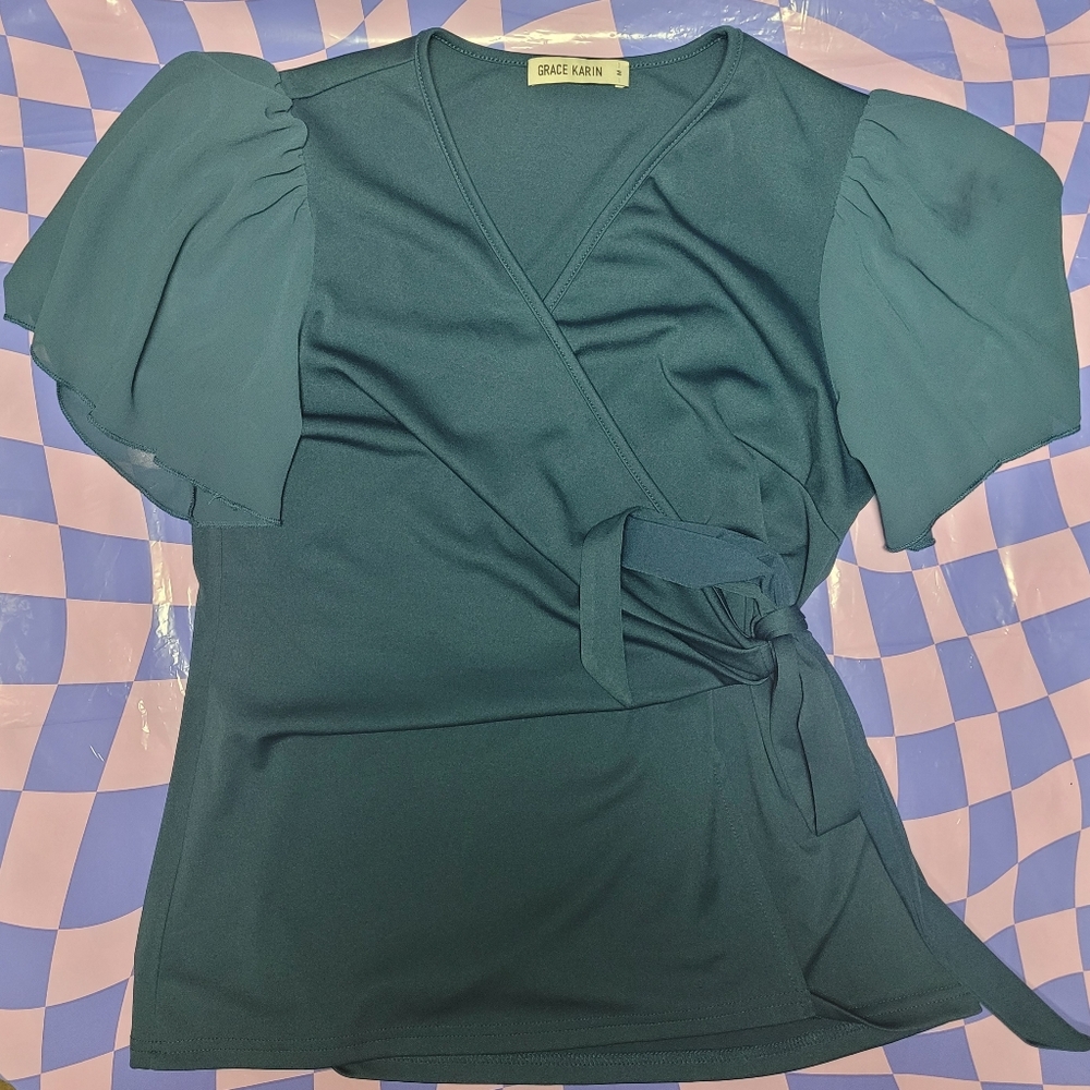 Grace Karin Womens Teal Wrap Blouse with Sheer Butterfly Sleeves Size Medium